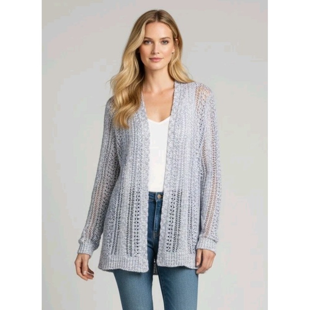 EUC Lane Bryant Plus Size‎ 14/16 Open Knit Cardigan Sweater Blue White Marled
